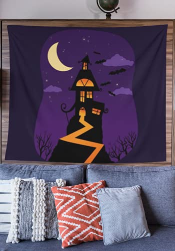 Halloween Castle Building At Night Tapestry, Spooky Path To Haunted House Tapestry Wall Decoration (75X82 Inches - Queen Size) #TOP2