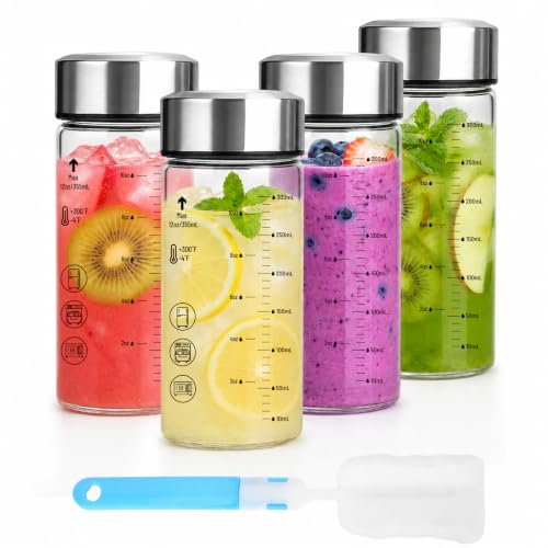 Image of Luxfuel 12 oz Glass Juice Bottles with Lids, 4 Pack Wide Mouth Glass Bottle | Leakproof Borosilicate Glass with Stainless Steel Lids, Heat-Resistant, Dishwasher Safe, Reusable for Juicing, Smoothies