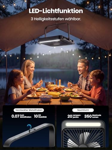 Warmco 20000mAh Akku Camping Ventilator 27cm mit Lampe, 15-48 Std. Laufzeit, Ultra-Leise, Ultraflach, Display, Haken, USB Tischventilator für Zelt, Outdoor, Reisen, Büro, Wohnmobil, Schlafzimmer