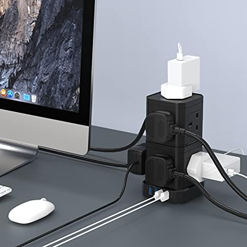 Tower Extension Lead with USB Slots, 9 Way Plug Extension with 4 USB, 2M Extension Cable, Black Multi Plug Extension Sockets 3250W/13A, Detach/Stackable Power Strip Extension Cord for Home Office