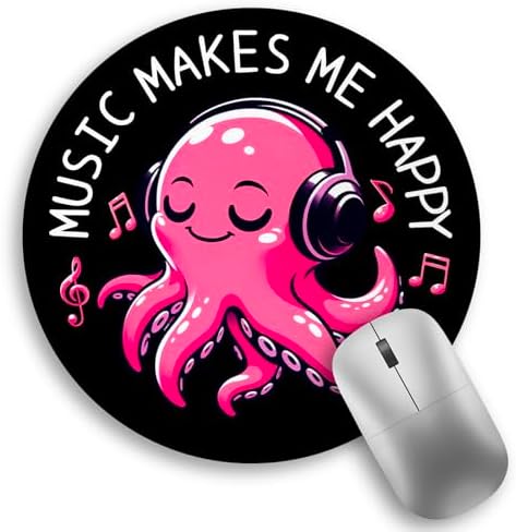 Music Octopus Mouse Pad, Small Round Black Mouse