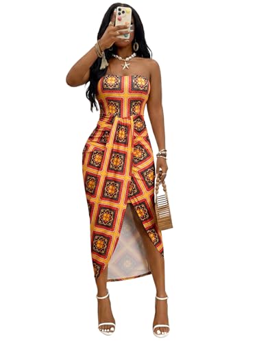 Image of Umenlele Women's Strapless Ruched High Waist Wrap Split Asymmetrical Beach Maxi Long Dress