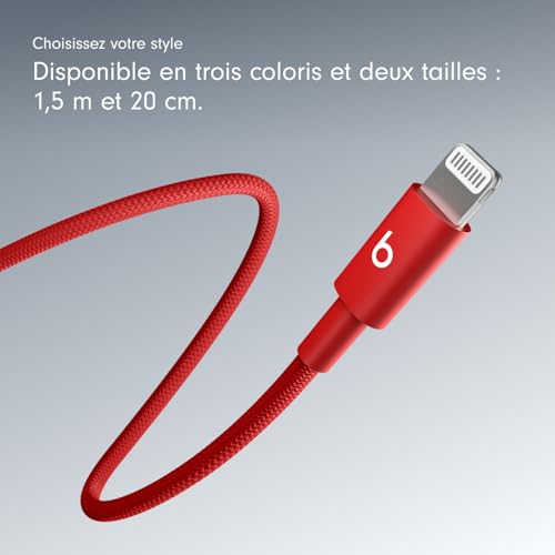 Beats USB-C vers Lightning Câble tissé , charge rapide, durable/anti-nœuds, chargeur compatible pour les appareils Apple à port Lightning (1,5 m) - Rouge flash