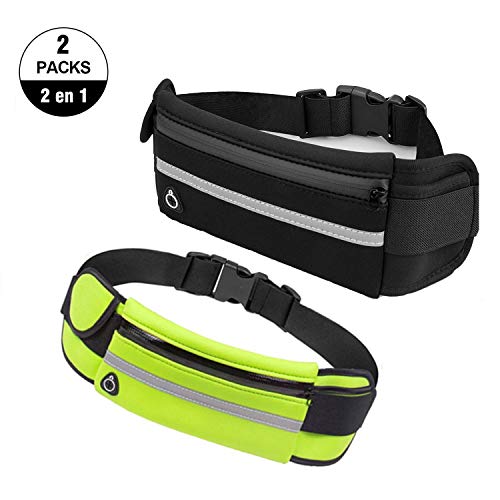 2 Cangurera Deportiva Materiales Saludables, 2 Unidades Deportes Cinturón Elastic Waist de Pack con Doble Bolsa para Auricular y Llaves, Riñoneras Deportivo...