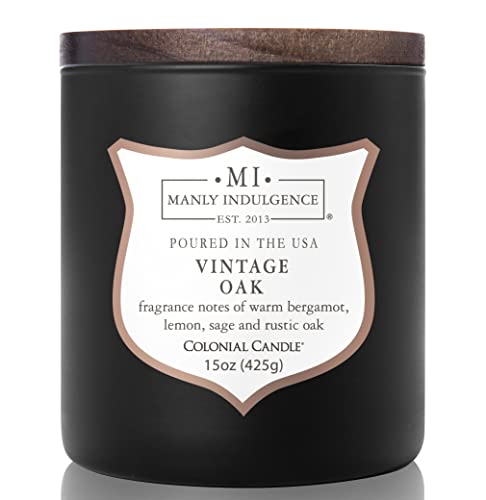 Manly Indulgence Vintage Oak Scented Candle for Men 15 oz – Bergamot, Lemon, Sage & Rustic Oak – Wood Wick – Up to 60 Hours Burn - Soy Blend Wax, USA Poured – Signature Collection