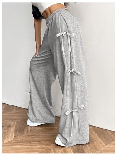 Floerns Girl's Elastic Waist Athletic Pants Bowknot Side Wide Leg Track Pants3