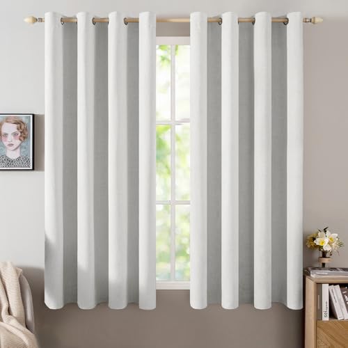 Image of MIULEE Linen Textured Curtains for Bedroom Solid 100% Blackout Thermal Insulated Heathered White Grommet Room Darkening Curtains & Drapes Luxury Decor for Living Room 52 x 63 Inch (2 Panels)