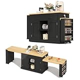 Juabett Kücheninsel mit 2 Ausziehbarem Esstisch, Schwarz Küchenwagen, Mobile Insel Einziehbarem Bartisch, Movable Kitchen Island mit Schubladen, Verstellbare Regalböden &Rollen, 142(max.340) x55x93cm