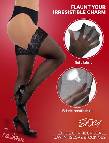 Buauty Black Thigh High Stockings for Women – Lace Top Sexy Thigh Highs Pantyhose, Plus Size Sheer Black Tights（1 pair3