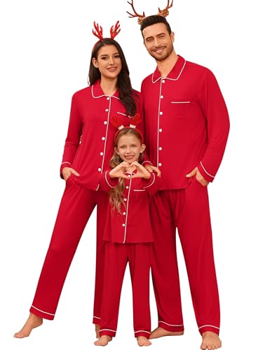 SWOMOG Family Matching Pajamas Set Button Down Sleepwear Long Sleeve Nightwear Christmas PJS Holiday Pajamas (Red 150 CM)