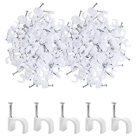 200 PCS 6mm White Round Cable Clips Management Cable Tidy Clips Electrical Cable Wall Clips Wire Clips Cable Lead Clips Wire Nail Clips Wire Pins Nails Tacks Holder Cable Pins Clip with Steel Nail Cover