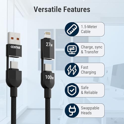 Image of COSTAR 4-in-1 100W Charging Cable|USB-A,Type-C,Fast Charging,480Mbps Data Transfer,Data Sync|Compatible with Android & iOS Smartphones,Tablet /Ipads & Macbook