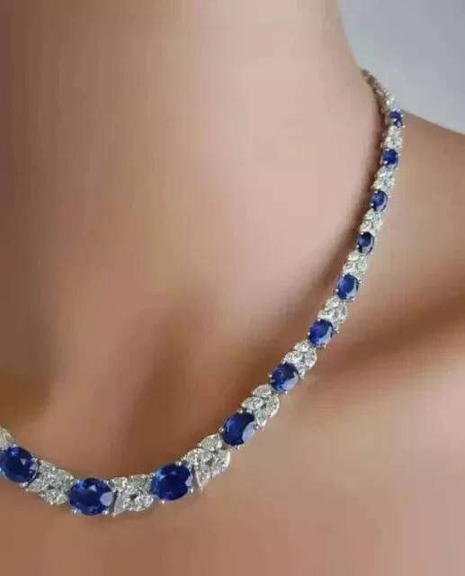 DJ || Women Tennis Choker Necklace 14K White Gold Plated 25CT Oval Cut Lab-Created Blue Sapphire & Diamond Beautiful Engagement 925 Sterling Silver 18"