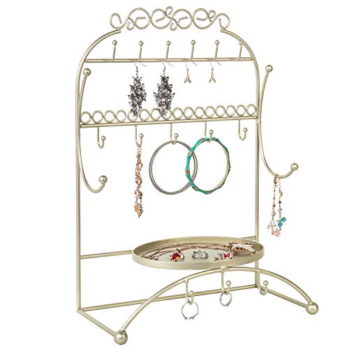MyGift Vintage Scrollwork Brass-Tone Metal Tabletop Jewelry Rack Organizer with Ring Dish