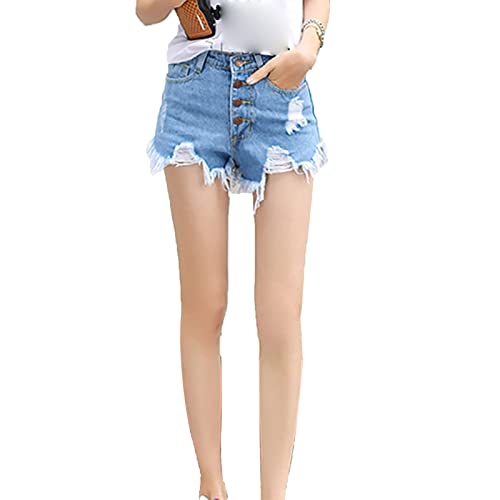 JEKE-DG Women Casual High Waisted Denim Shorts Frayed Raw Hem Ripped Jeans Shorts Stretchy Distressed Denim Shorts (Medium,Blue)