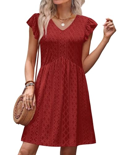 Image of OFEEFAN Summer Dresses for Women Beach Vacation Clothes V Neck Ruffle Sleeve Babydoll Dress Elegant Classy Sundress