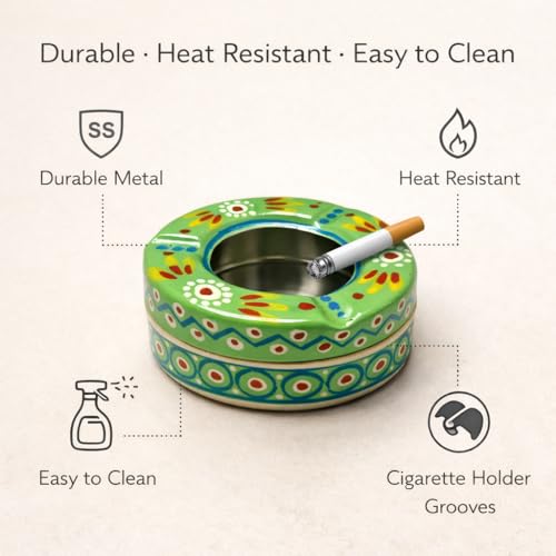 Image of iHandikart Handpainted Ash Tray 4x2 Inch | Metal Ashtray for Home, Table & Car Use | Multicolour Decorative Ashtray | Handmade Smoking Accessories for Indoor & Outdoor Use (Green)