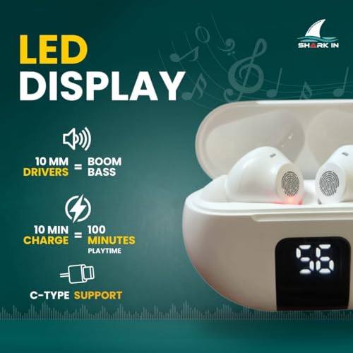 Image of SHARKin Air Buds in-Ear Earbuds with Super bass 13mm Drivers for Deep Bass 10-Minute Charge for 100 Minutes Playtime LED Display | USB-C Charging Crystal Clear Calling Portable Charging Case(1pcs)