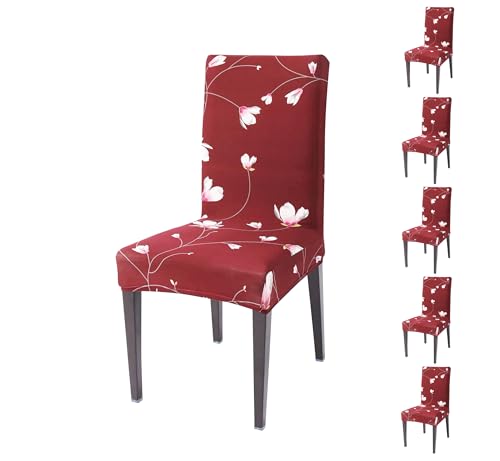 Image of Stretchable Dining Chair Cover - Washable, Removable, Anti-Slip, Protector, Universal Fit (Set of 6, Maroon Floral Vine)