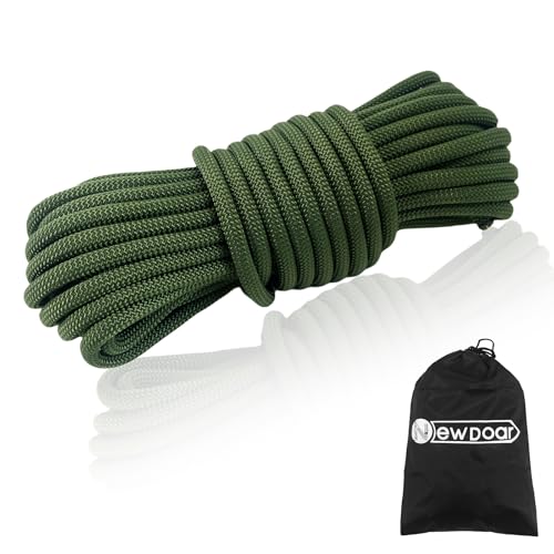 NewDoar CE & UIAA Certificated 18KN Static Climbing Rope 10mm (3/8in) High Strength Accessory Cord Double Braid Safety Rope for Prusik Hauling Dragging(ArmyGreen 10mm,98ft)
