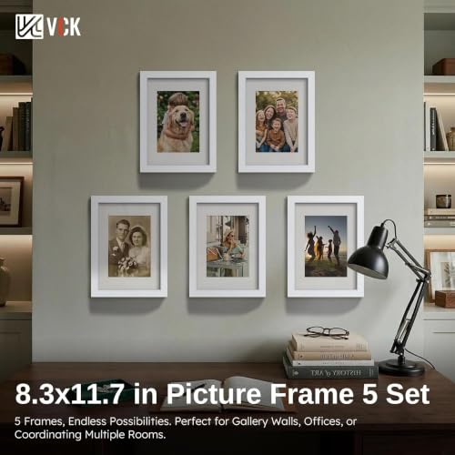 Image of VCK A4 Frame 5 Pack, White Wood, A5 Mat, Glass, for Picture, Photo