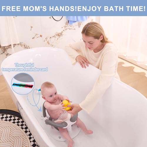Image of Baby Bath seat for Babies 6 Months & up, 360 Stable Toddler Bath Chair with one-Touch Button, Back Hollow Design, Water Temperature Card & 4 Suction Cups for Safety (Dark Gray)