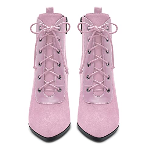 Aachcol Women Chunky Block Mid High Heel Ankle Boots Short Bootie Lace-up Close Pointed Toe Shoes Suede 3 Inch4