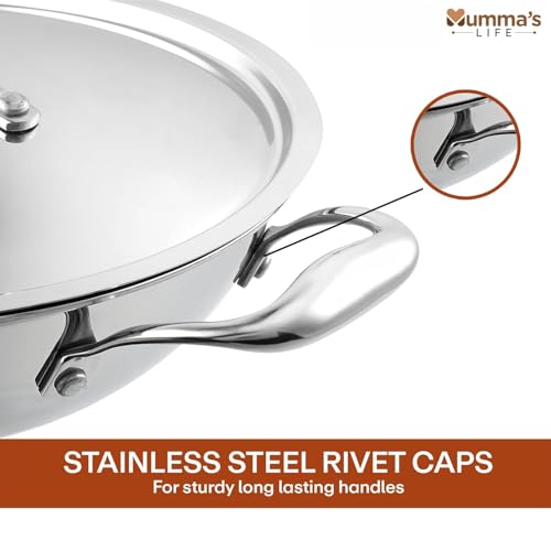 Image of Mumma's LIFE Kadai for Cooking Stainless Steel, 2.3L Triply Stainless Steel Kadai for Cooking with Lid, 22 cm Diameter, 2.5 mm Thick Heavy Bottom for Gas & Induction | Perfect for Deep Frying