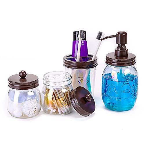 SUNNOW Vastto Iridescent Mason Jar Bathroom Accessories Set of 4,Includes Mason Jar Soap Dispenser,Toothbrush Holder and 2 Pack Apothecary Jars,for Bathroom and Kitchen (Bronze Lid)