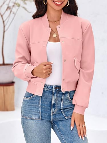 Image of Tankaneo Womens Cropped Bomber Jackets Casual Button Down Long Sleeve Stand Collar Varsity Shacket Coats