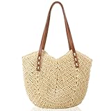 ViEinkaufen Straw Beach Bags for Women Woven Tote Bag Summer Travel Beach Handbag Handmade Boho Straw Bag with Zip for Beach Vocation Holiday and Shopping