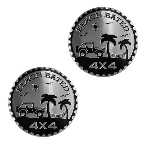 Image of 2Pcs Beach Badge Rated Car Emblem, 3D Metal Car Badges 4 x 4 Metal Automotive Badges Emblems Round Emblem Decals Car Badge Decals Stickers Compatible for Jeep Wrangler Vehicles Trucks SUV Emblems