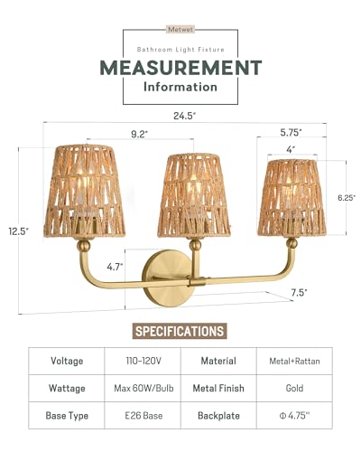 Image of 3-Light Bathroom Light Fixtures, Brushed Gold Rattan Vanity Lights with Flared Handwoven Shade, Boho Wall Sconce, Farmhouse Sconces Wall Lighting for Hallway Bedroom, VL837-BG-RA-3