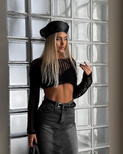 Womens Crochet Crop Tops Y2k Knit Shrug Sweater Hollow Out Long Sleeve Bikini See Through Cover Ups2