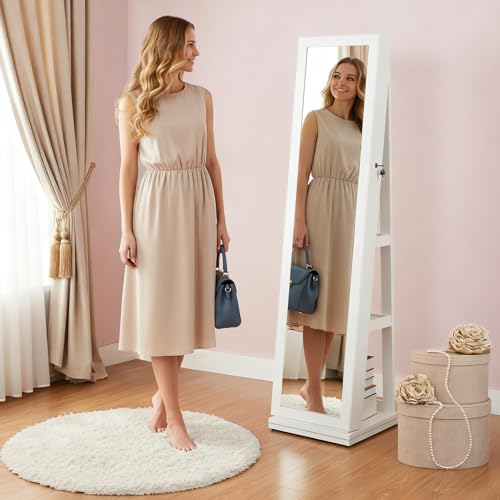 4-In-1 Jewelry Cabinet Organizer with Full-Length Mirror, 360° Swivel Lockable Standing, Inside Makeup Mirror, Back Storage Shelves, Jewelry Armoire for Space-Saving, Gift Idea, White - Image 5