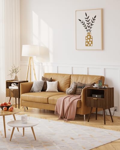 Image of JOONEE Nightstand with Outlet,Modern Bedside Table with Storage Drawer and Open Wood Shelf, for Living Room, Bedroom and Small Spaces, Accent Night Stand with Solid Wood Legs, Easy Assembly,Brown