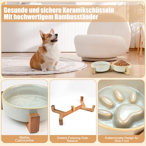 Keramik-Hundenapf-Set mit Standfüßen, Hundenapf Keramik Erhöht mit rutschfest Ständer, Langsamfressnapf Süße Pfoten-Design für Kleine und Mittelgroße Hunde, 2er Set Fressnapf Hund und Wassernapf