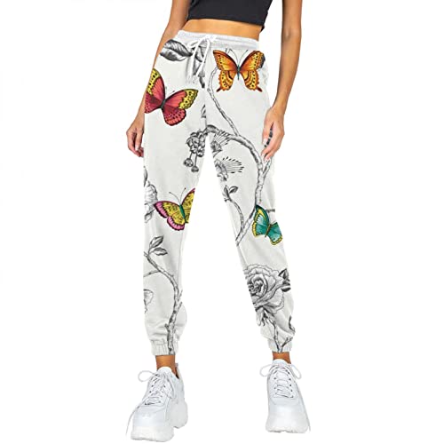 Womens Butterfly Drawstring Elastic Waist Sports Lounge Pants High Waisted Workout Athletic Sweatpants with Pockets White