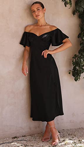 2025 Summer Women's Satin Off Shoulder Formal Dress Wedding Guest Elegant Butterfly Sleeve Split Cocktail Prom Midi Dresses3