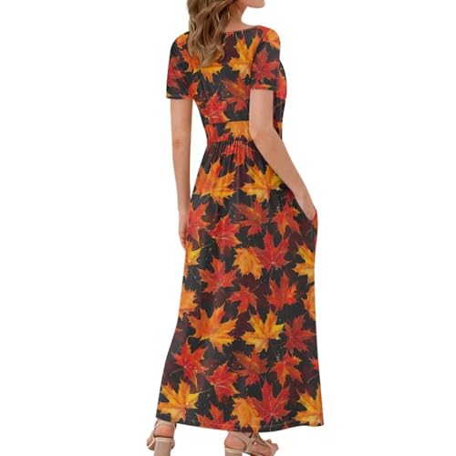 Image of Women's Fall Summer Short Sleeve Ankle Length V-Neck Party Dress with Pockets Size S-3XL