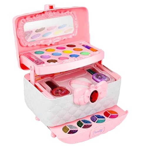 Hogvinnatil Juego de maquillaje infantil para niñas - Set de maquillaje infantil con estuche de maquillaje 'Princesa' - Maletín de maquillaje portátil para niños pequeños, estuche de cosméticos de