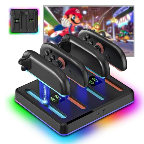 NANANINO Switch 2 ジョイコン充電スタンド 最大4台同時充電 磁気式高速チャージ RGBライト搭載 スマートLED表示 壁掛け対応 USB-C接続 任天堂スイッチ2対応 コントローラー充電器