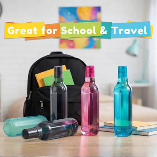 Image of Reusable Water Bottles Durable Plastic Drink Bottles with Secure Caps, Lightweight Leak Resistant Design for School, Office, Gym & Travel, Multi Color Pack (Blue, Pink, Grey) (Pack of 6)