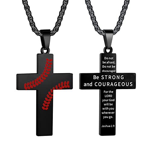 Baseball Cross Necklace For Boys Inspirational Bible Verse Cross Pendant Stainless Steel Chain 22+2 Inch Baseball Sports Jewelry Baseball Gift For Men Women（Black-Do Not Beafraid） #TOP23