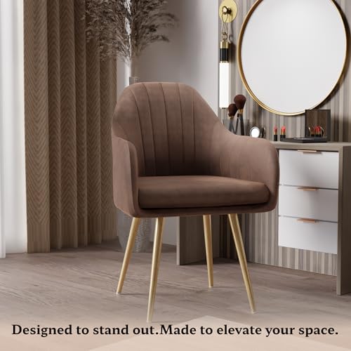 Image of Milano Velvet Comfort Dining Chair with Deep Cushion Seating, Strong Wooden Frame & Metal Support Legs for Dining, Living Room, Bedroom, Balcony & Office (Caramel Brown)