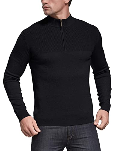 Anelune Pullover Herren Rollkragenpullover 1/4 Zip Neck Troyer Feinstrick Sweater Business Arbeitspullover Herren Schwarz M