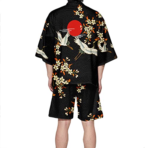 Doslavida Men's Japanese Kimono Jacket Set Stylish Open Front Coat With Shorts Chinese Style Printed Cardigan Suits #TOP6
