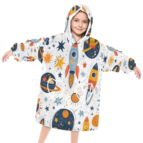 Pardick Wearable Blanket Hoodie for Kids, Romantic Rocket Fleece Sweatshirt Blanket Oversized Blanket Sweatshirt with Pocket Flannel Warm Hooded Blanket 6-10 Year Old Girl Boy Gift, One Size