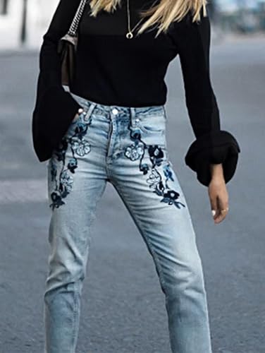 Flamingals Straight Leg Mid Rise Casual Cropped Jeans Wash Floral Embroidery Denim Jeans3