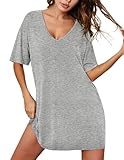 Ekouaer Nightgown for Women Bamboo Viscose Sleepshirt short sleeve Nightshirt V Neck T shirt Night gown Boyfriend Sleepwear Light Grey